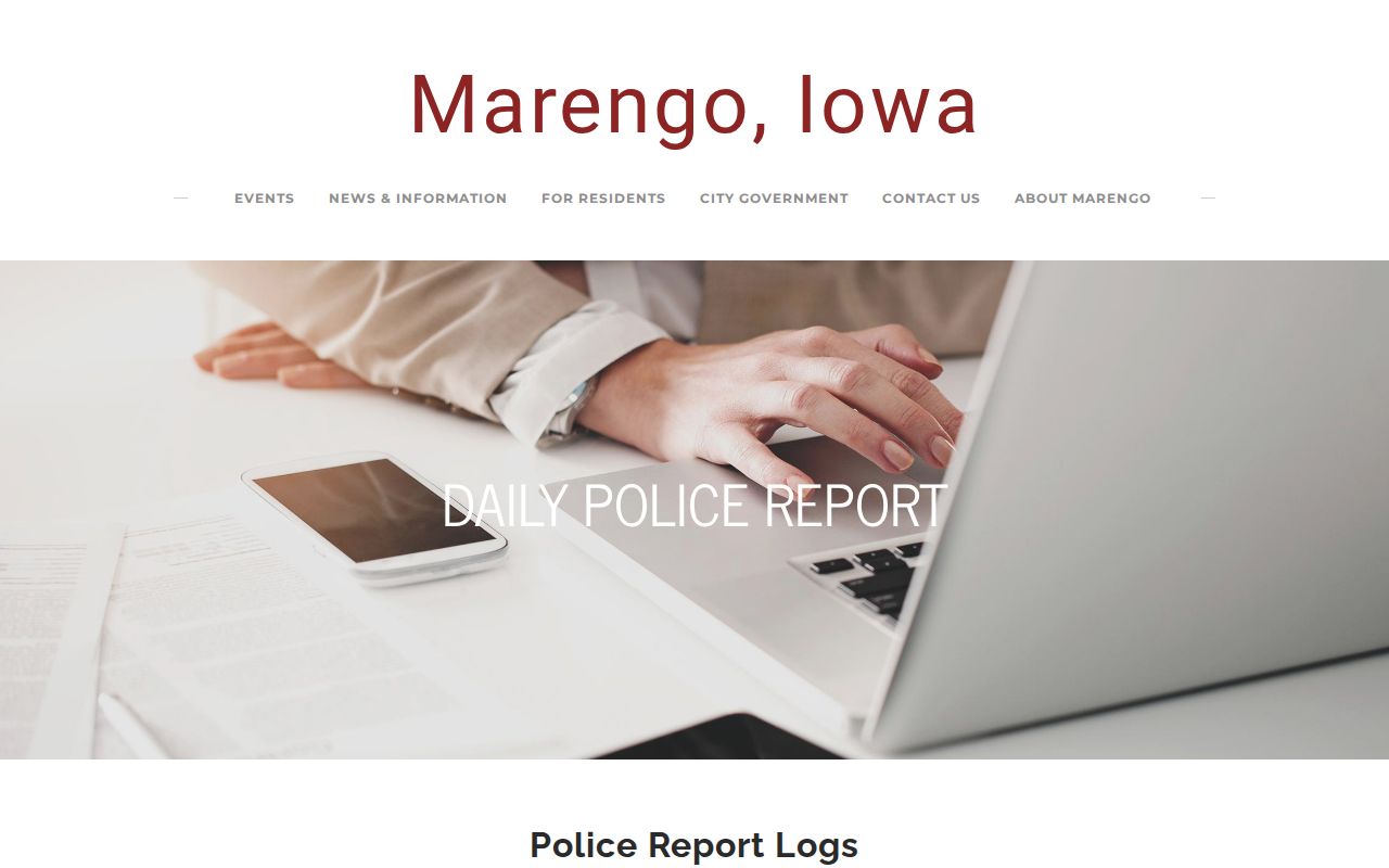 Marengo Police Report Logs page separating Arrest Reports from dated Call Logs