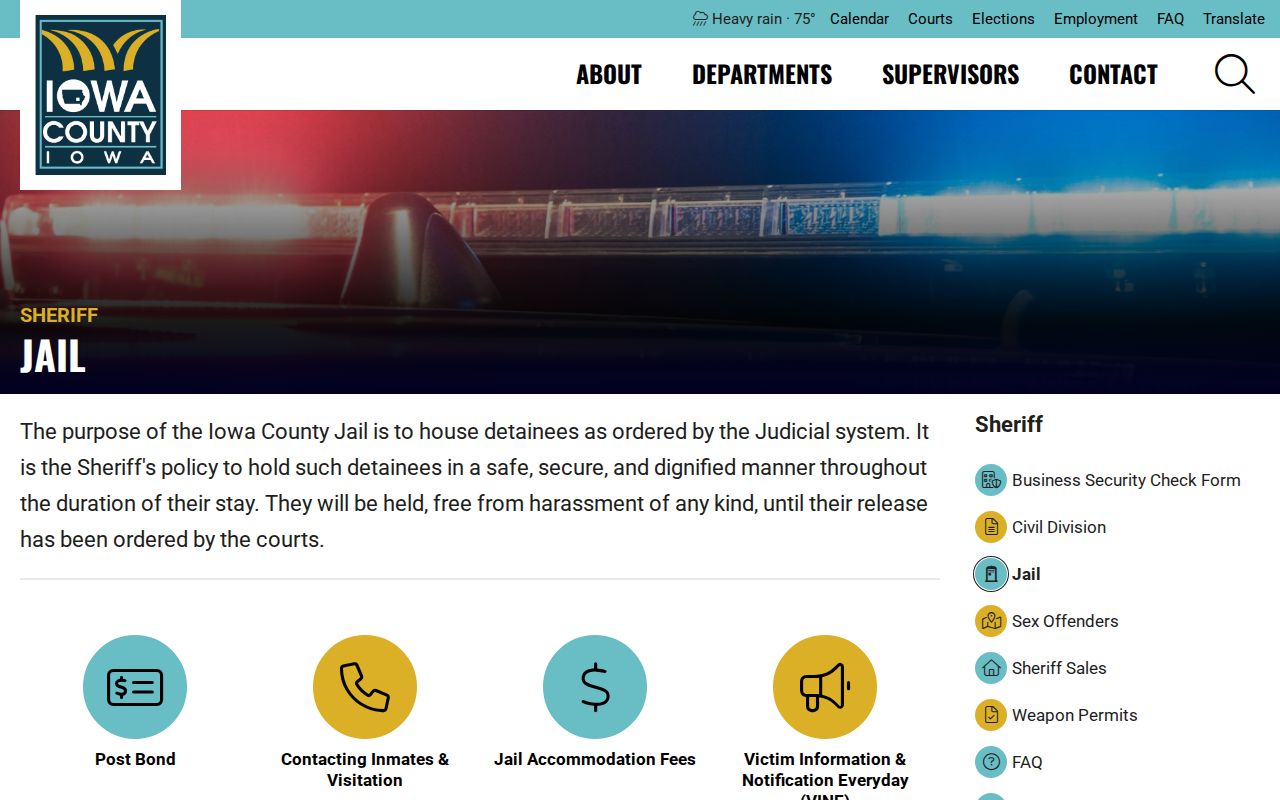 Official Iowa County Jail page showing jail information and service links