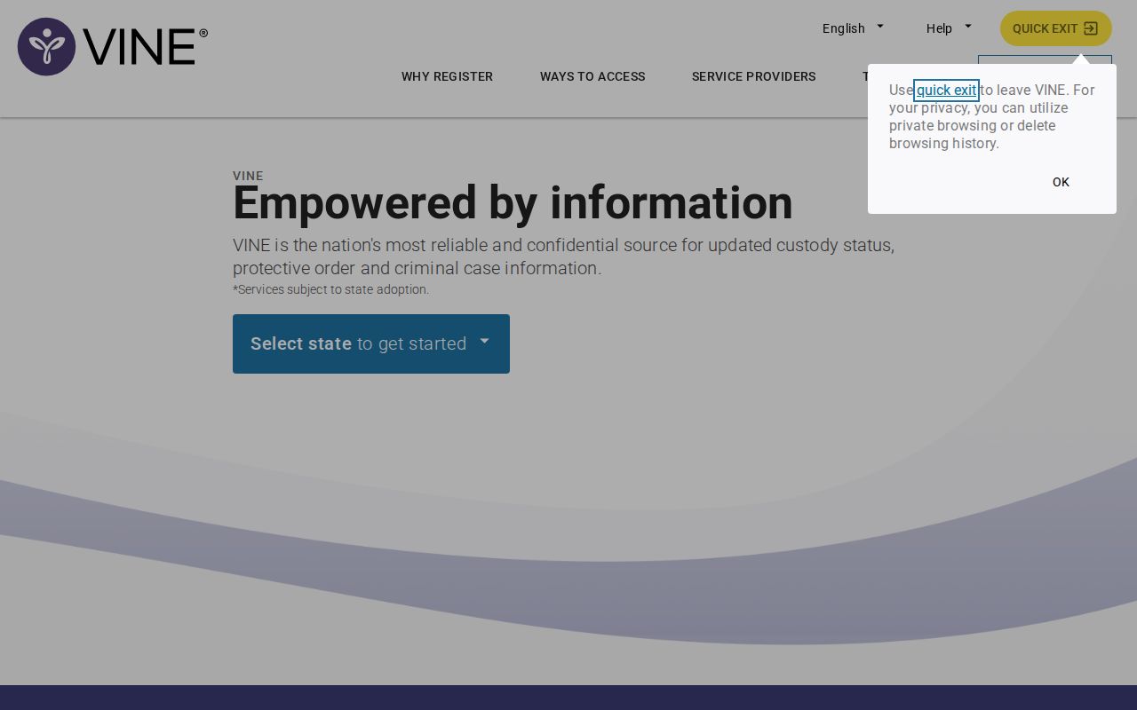 VINELink register for notification screen and PIN instructions