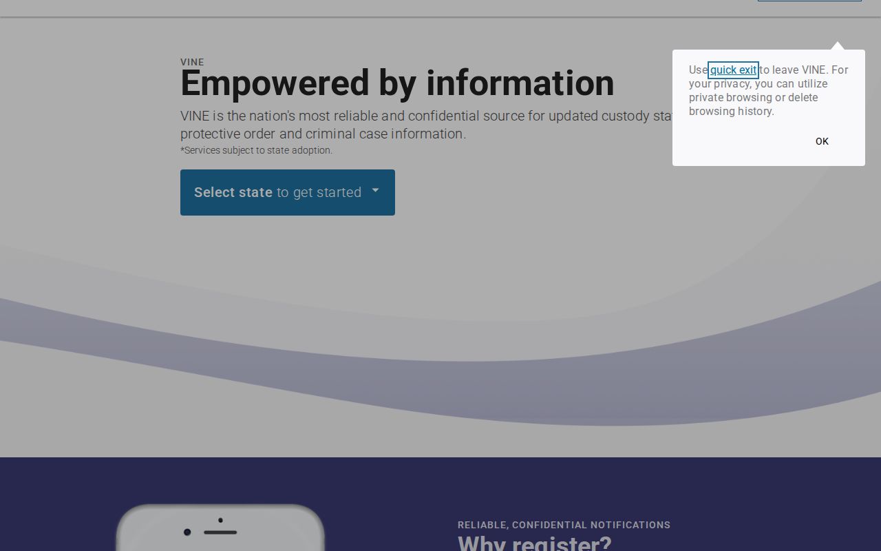 VINELink state selection screen for an Iowa custody search