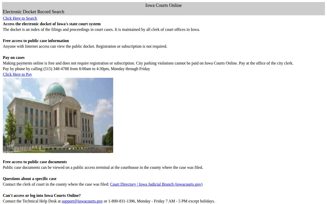 Iowa Courts Online public trial court search entry page