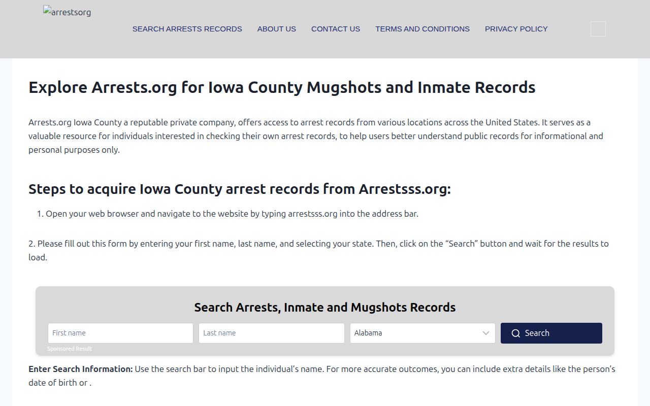Unofficial Iowa County arrest directory displaying paid-access language
